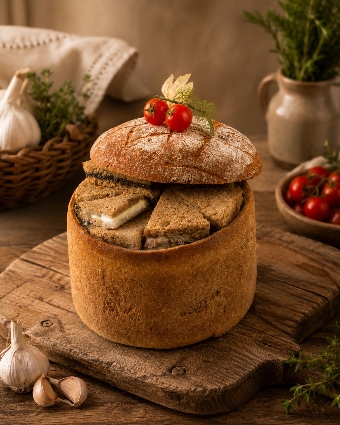 Pain surprise printanier (36 canapés) : Tapenade d'olives vertes au parmesan - Caviar de tomates séchées - Rillettes - Rillettes de merlu au citron vert - Chorizo - Comté